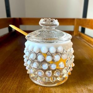 Fenton Hobnail Opalescent condiment jar.
